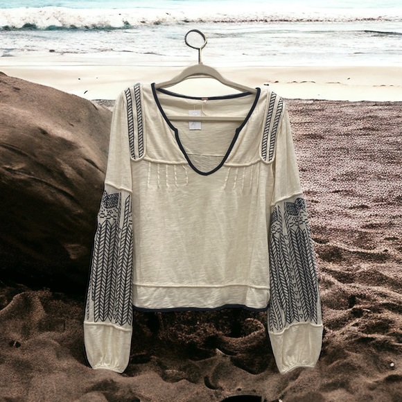 Tops - Free People Ivory Black Embroidered Long Sleeve Top